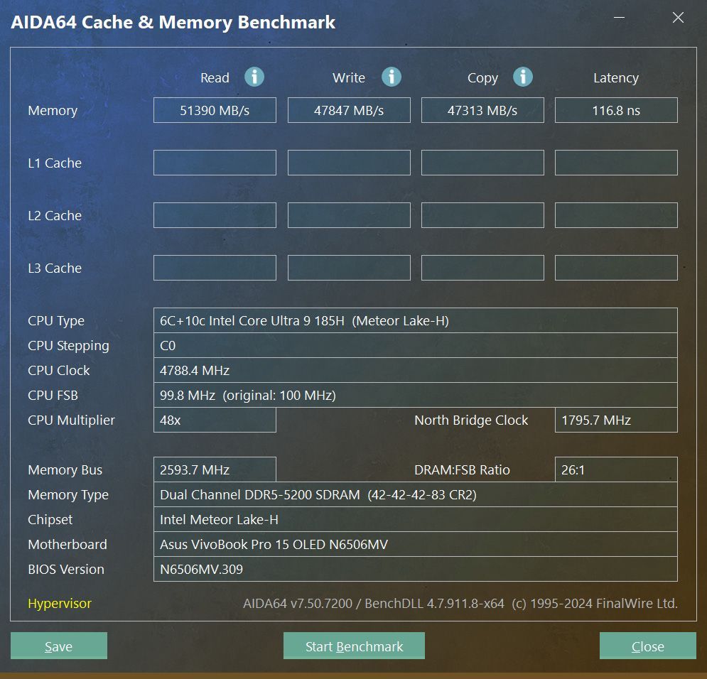 На Asus N6506MV модуль Hynix HMCG88AGBSA092N DDR5 32 ГБ 5600 МГц запускается на частоте 5200 МГц